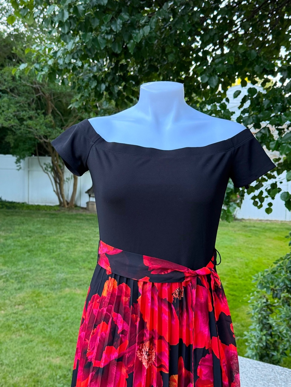 One-Shoulder Black & Red Floral Midi Dress with Waist Tie